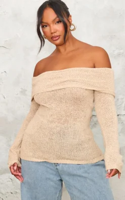 Plus Mocha Bobble Knit Bardot Top