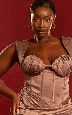 Plus Mocha Constructed Satin Ruched Bust Corset