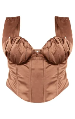 Plus Mocha Constructed Satin Ruched Bust Corset