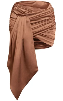 Plus Mocha Constructed Satin Ruched Drape Bodycon Skirt