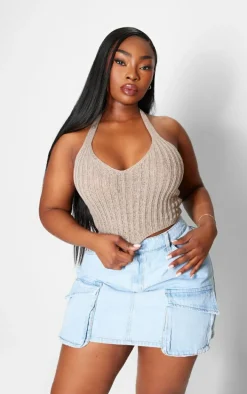Plus Mocha Crochet Halter Neck Crop Top