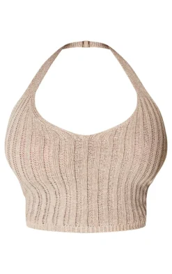 Plus Mocha Crochet Halter Neck Crop Top