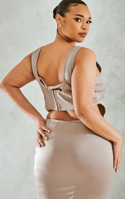 Plus Mocha Embroidered Floral Satin Top