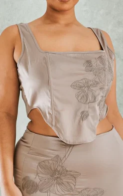 Plus Mocha Embroidered Floral Satin Top