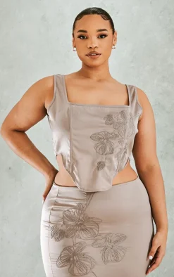 Plus Mocha Embroidered Floral Satin Top