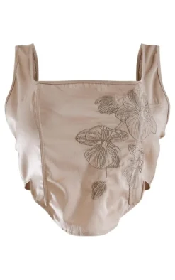 Plus Mocha Embroidered Floral Satin Top