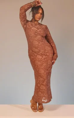 Plus Mocha Floral Sheer Burnout Long Sleeve Maxi Dress