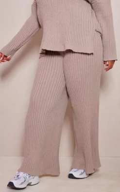 Plus Mocha Ribbed Wide Leg Knitted Pants