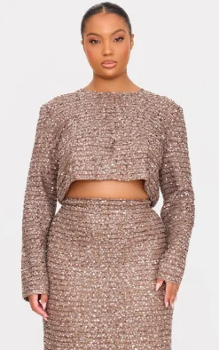 Plus Mocha Sequin Long Sleeve Button Up Crop Top