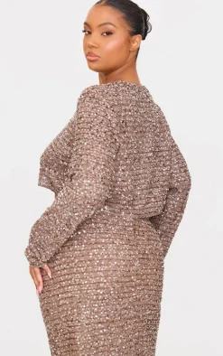 Plus Mocha Sequin Long Sleeve Button Up Crop Top