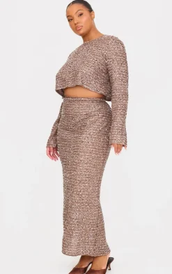 Plus Mocha Sequin Long Sleeve Button Up Crop Top