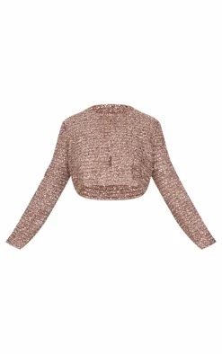 Plus Mocha Sequin Long Sleeve Button Up Crop Top