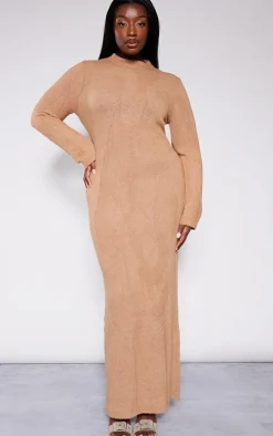 Plus Mocha Soft Knit Open Back Long Sleeve Maxi Dress
