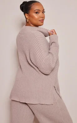 Plus Mocha Zip Ribbed Knitted Sweater