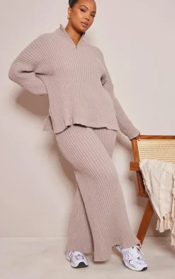 Plus Mocha Zip Ribbed Knitted Sweater