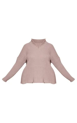 Plus Mocha Zip Ribbed Knitted Sweater
