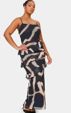 Plus Monochrome Printed Mesh Ruffle Maxi Dress
