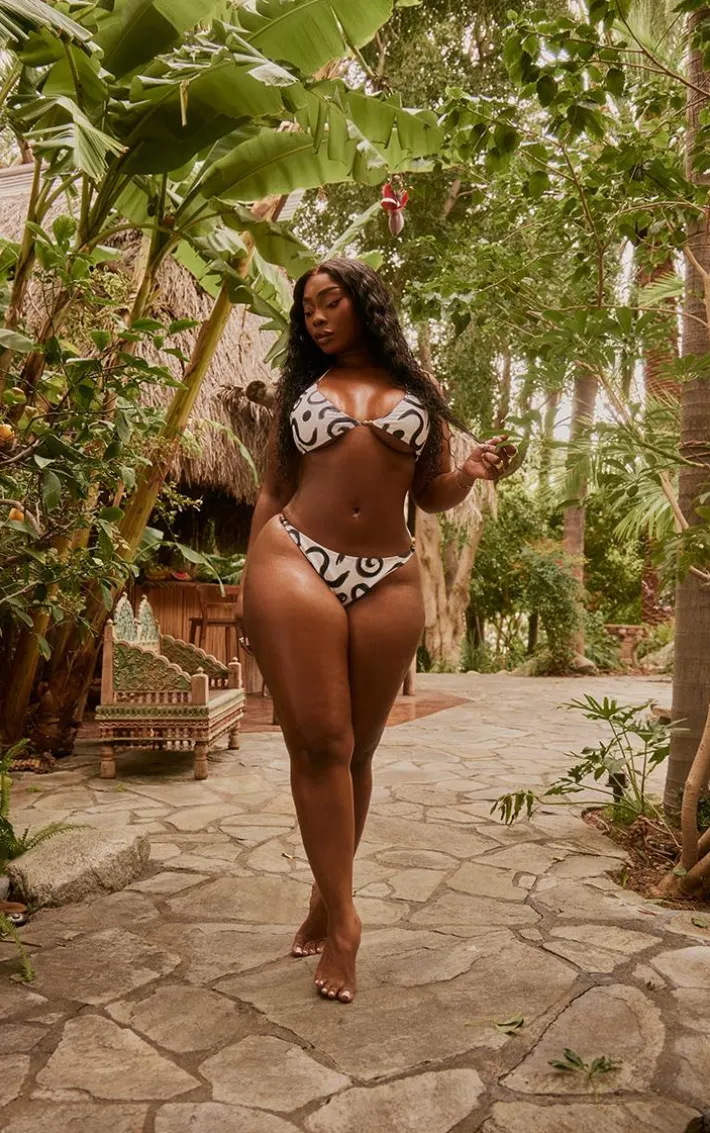 Plus Monochrome Swirl Print Triangle Bead Detail Bikini Top