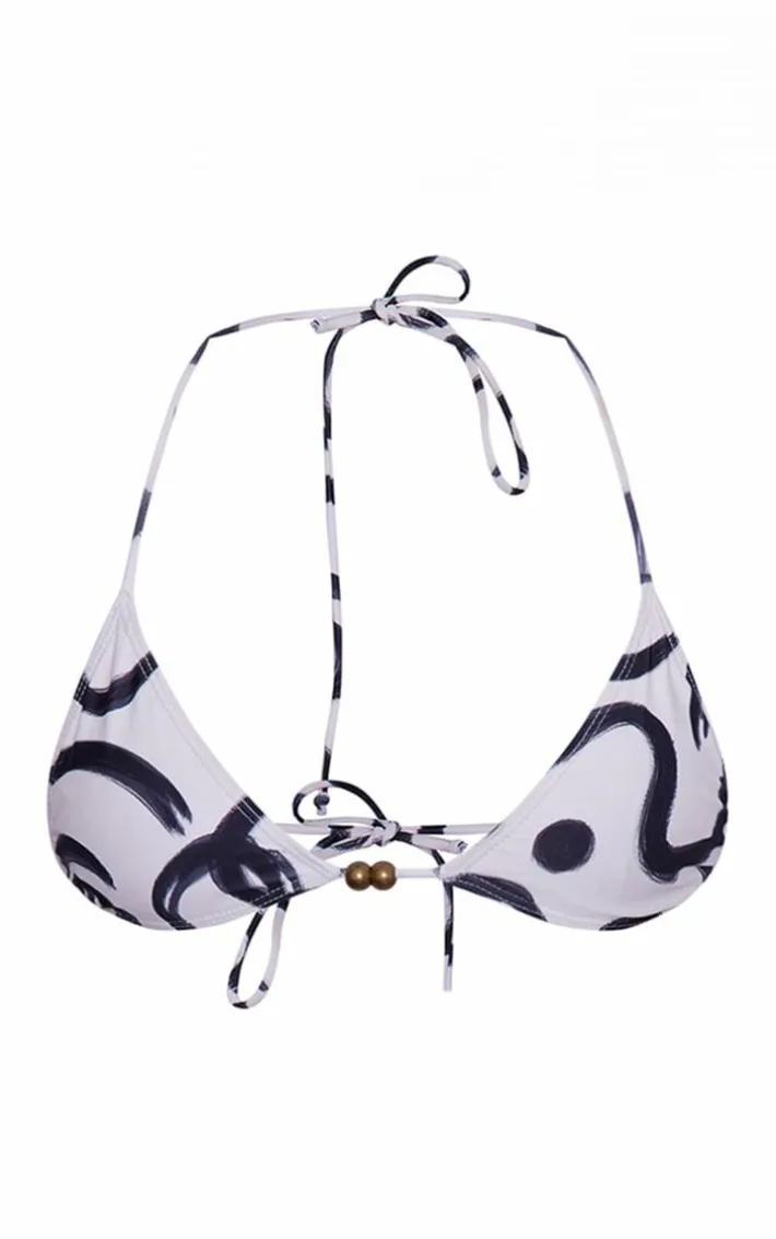 Plus Monochrome Swirl Print Triangle Bead Detail Bikini Top