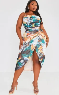 Plus Multi Abstract Print Chiffon Ruched Drape Midi Dress
