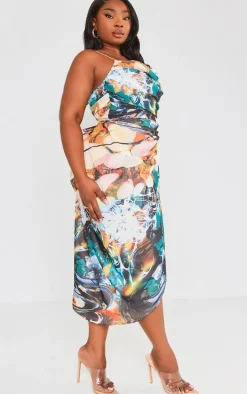 Plus Multi Abstract Print Chiffon Ruched Drape Midi Dress