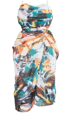 Plus Multi Abstract Print Chiffon Ruched Drape Midi Dress
