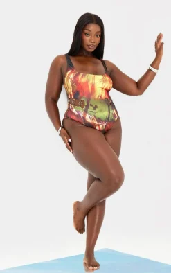 Plus Multi Abstract Print Cut Out Trim Detail Swimsuit