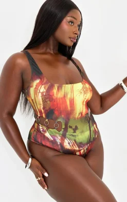 Plus Multi Abstract Print Cut Out Trim Detail Swimsuit