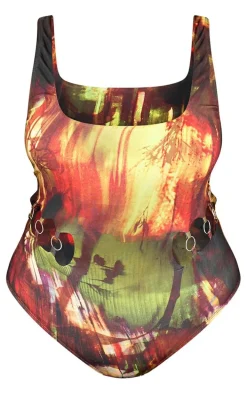 Plus Multi Abstract Print Cut Out Trim Detail Swimsuit