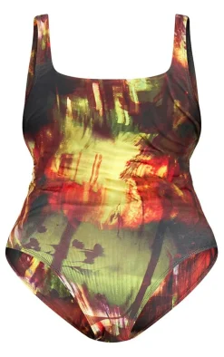 Plus Multi Abstract Print Cut Out Trim Detail Swimsuit