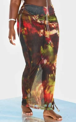 Plus Multi Abstract Print Mesh Lace Up Maxi Beach Skirt