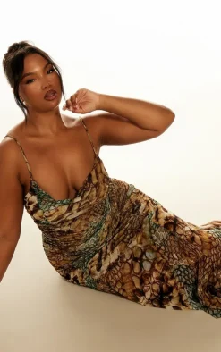 Plus Multi Abstract Snake Print Double Layer Mesh Cowl Midi Dress