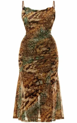 Plus Multi Abstract Snake Print Double Layer Mesh Cowl Midi Dress