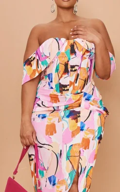 Plus Multi Bardot Ruched Side Midi Dress