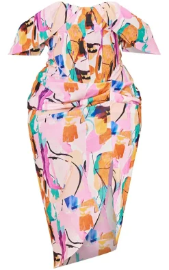 Plus Multi Bardot Ruched Side Midi Dress