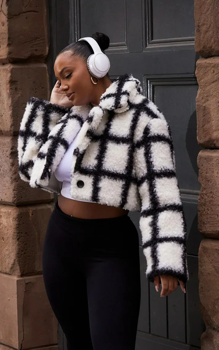 Plus Multi Check Borg Cropped Coat