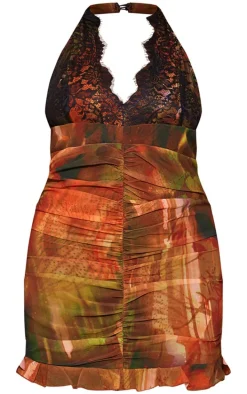 Plus Multi Lace Cup Ruched Front Mini Dress