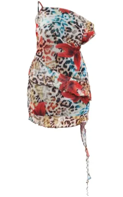 Plus Multi Print Asymmetric Neck Frill Detail Bodycon Dress