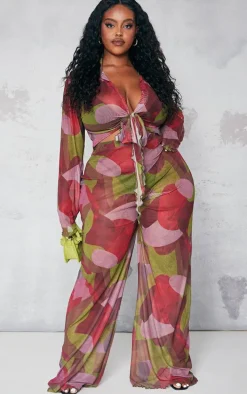 Plus Multi Print Mesh Wide Leg Pants