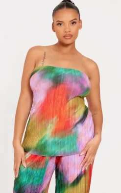Plus Multi Print Plisse Bandeau Top