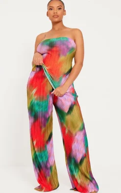 Plus Multi Print Plisse Wide Leg Pants