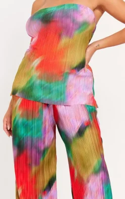 Plus Multi Print Plisse Wide Leg Pants