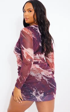 Plus Multi Print Ruched Detail Bodycon Dress