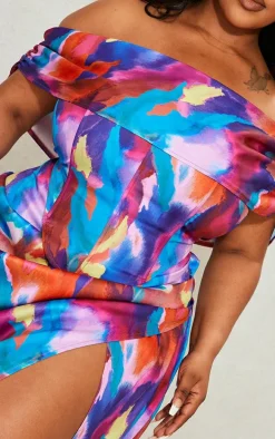 Plus Multi Printed Asymmetric Bardot Corset