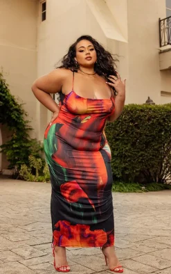 Plus Multi Printed Cowl Neck Midi Dress