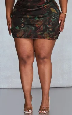 Plus Multi Printed Lettuce Hem Mesh Bodycon Skirt