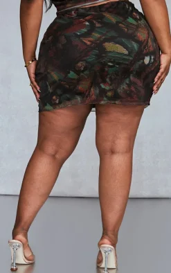 Plus Multi Printed Lettuce Hem Mesh Bodycon Skirt