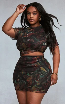 Plus Multi Printed Lettuce Hem Mesh Bodycon Skirt