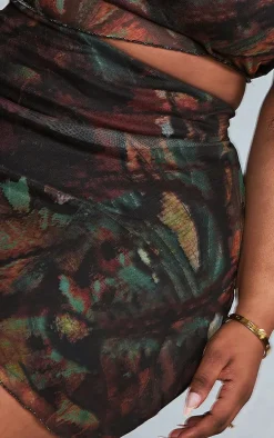 Plus Multi Printed Lettuce Hem Mesh Bodycon Skirt