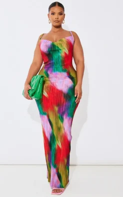 Plus Multi Printed Plisse Cowl Neck Maxi Dress